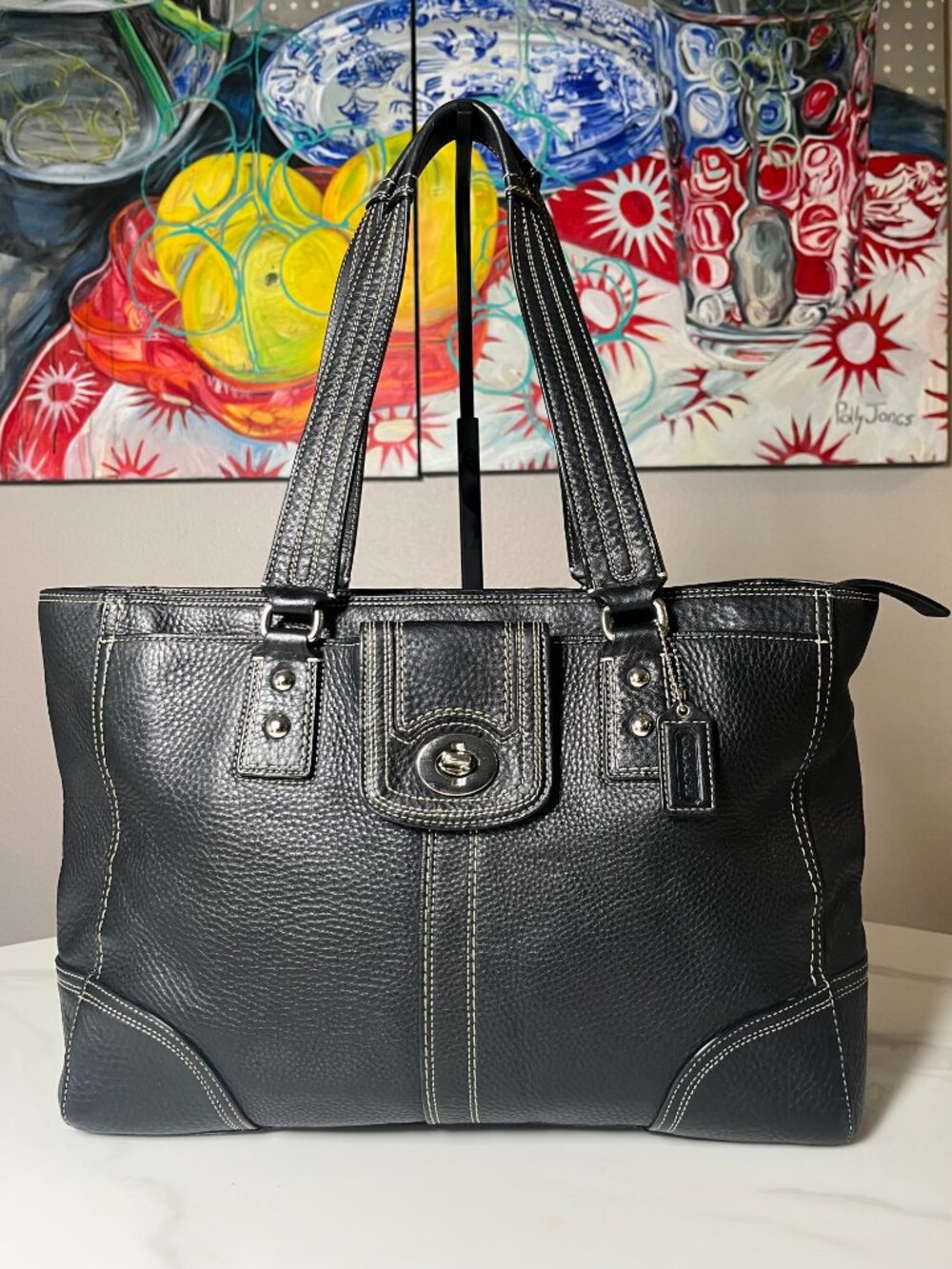 Coach Black Pebbled Leather Tote with White Contrast Stitching